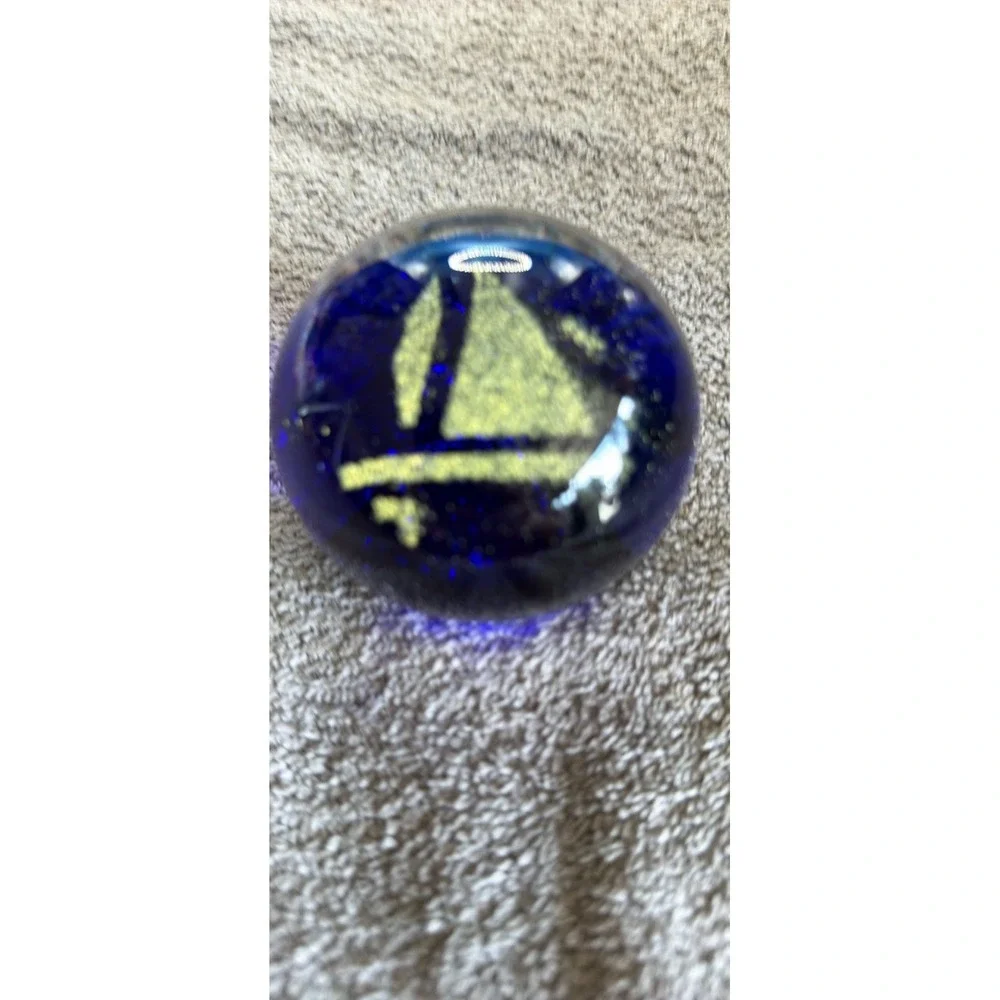 Set of 3 Glass Paperweights Nautical Sailboat 3D Effect Blue Clear Multicolor